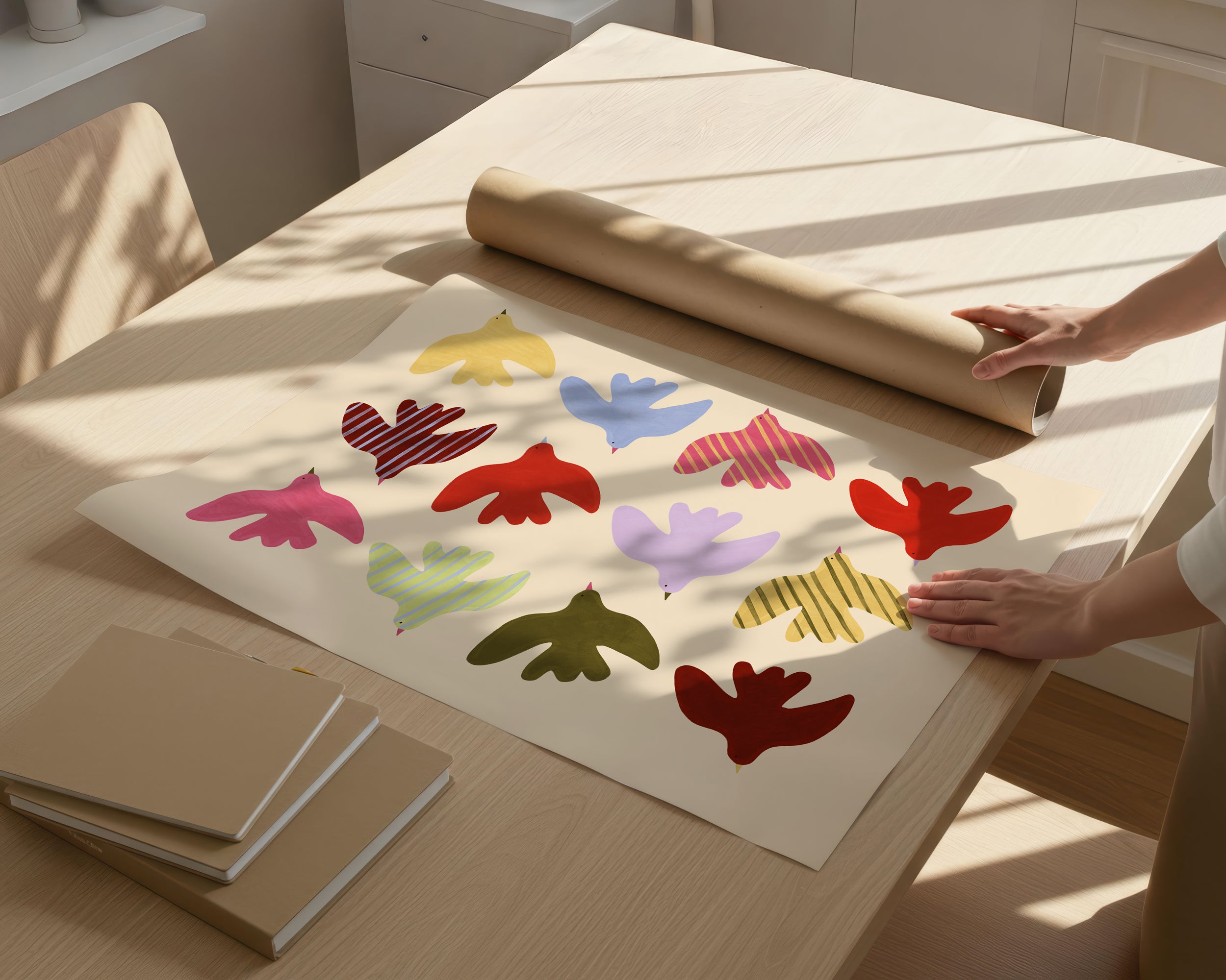 Flying Birds Print - Beige & Red