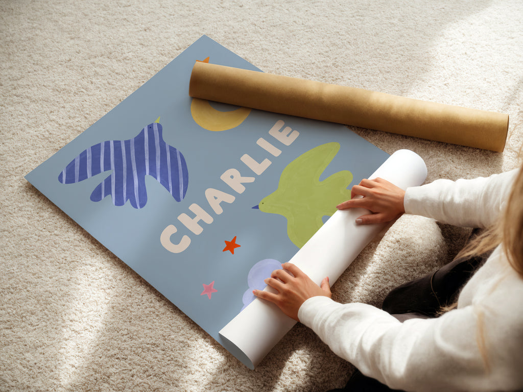 Personalised Bird Name Print - Blue