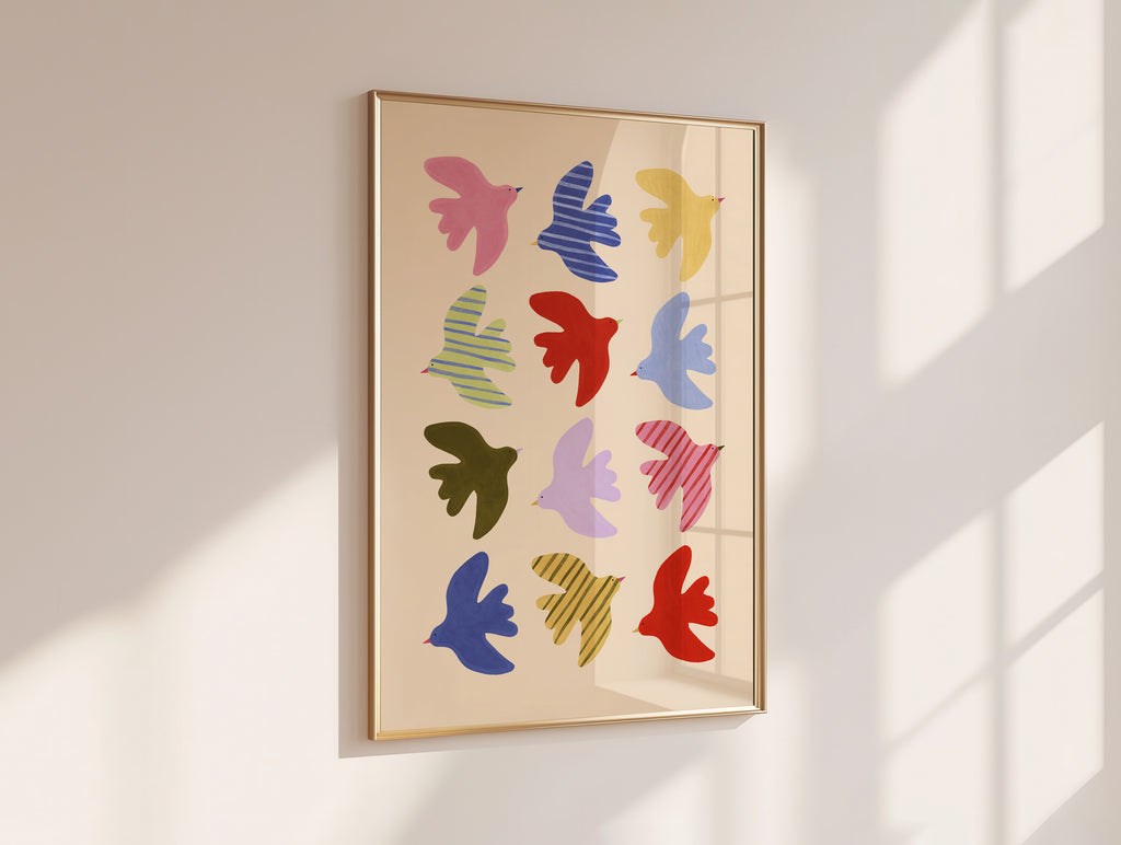 Flying Birds Print - Beige & Blue