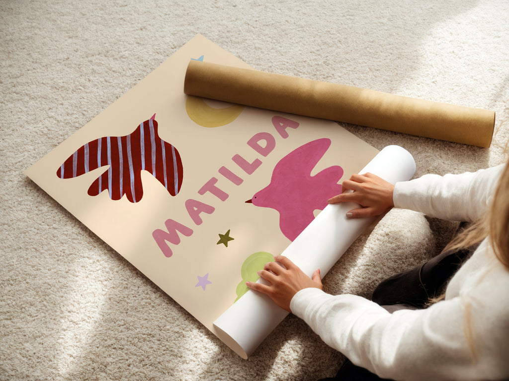 Personalised Bird Name Print - Beige & Pink