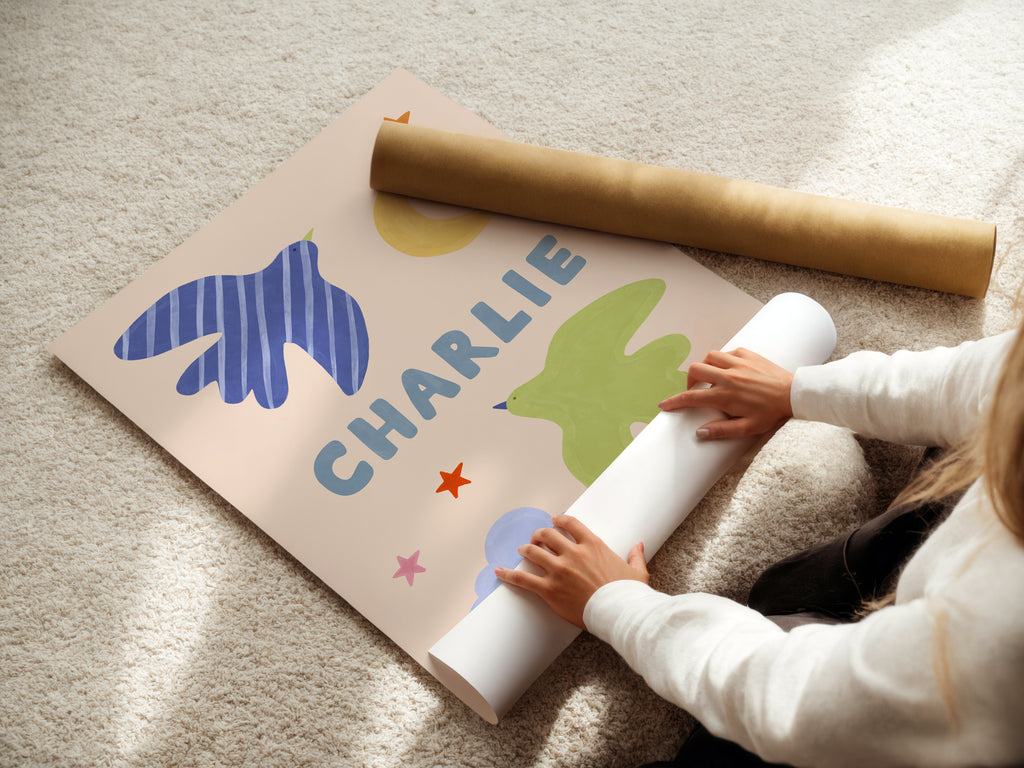 Personalised Bird Name Print - Beige & Blue