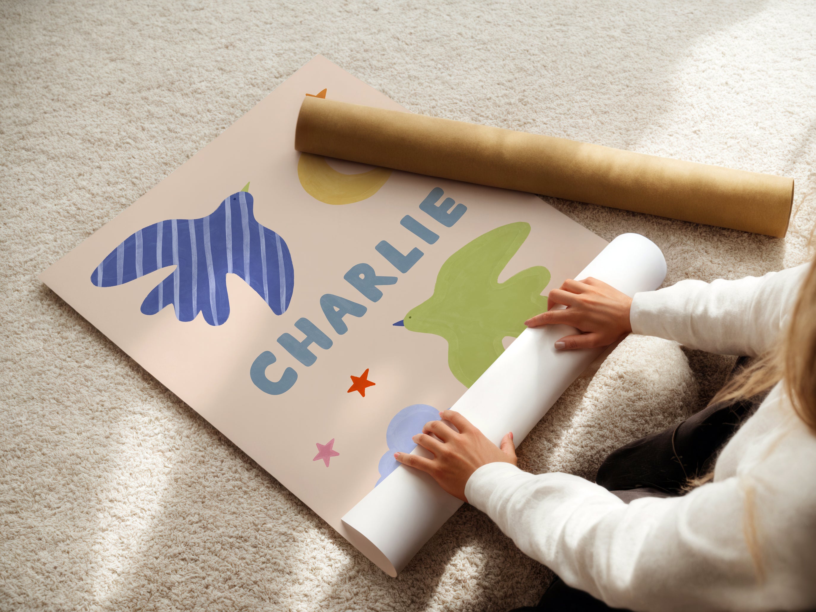 Personalised Bird Name Print - Beige & Blue