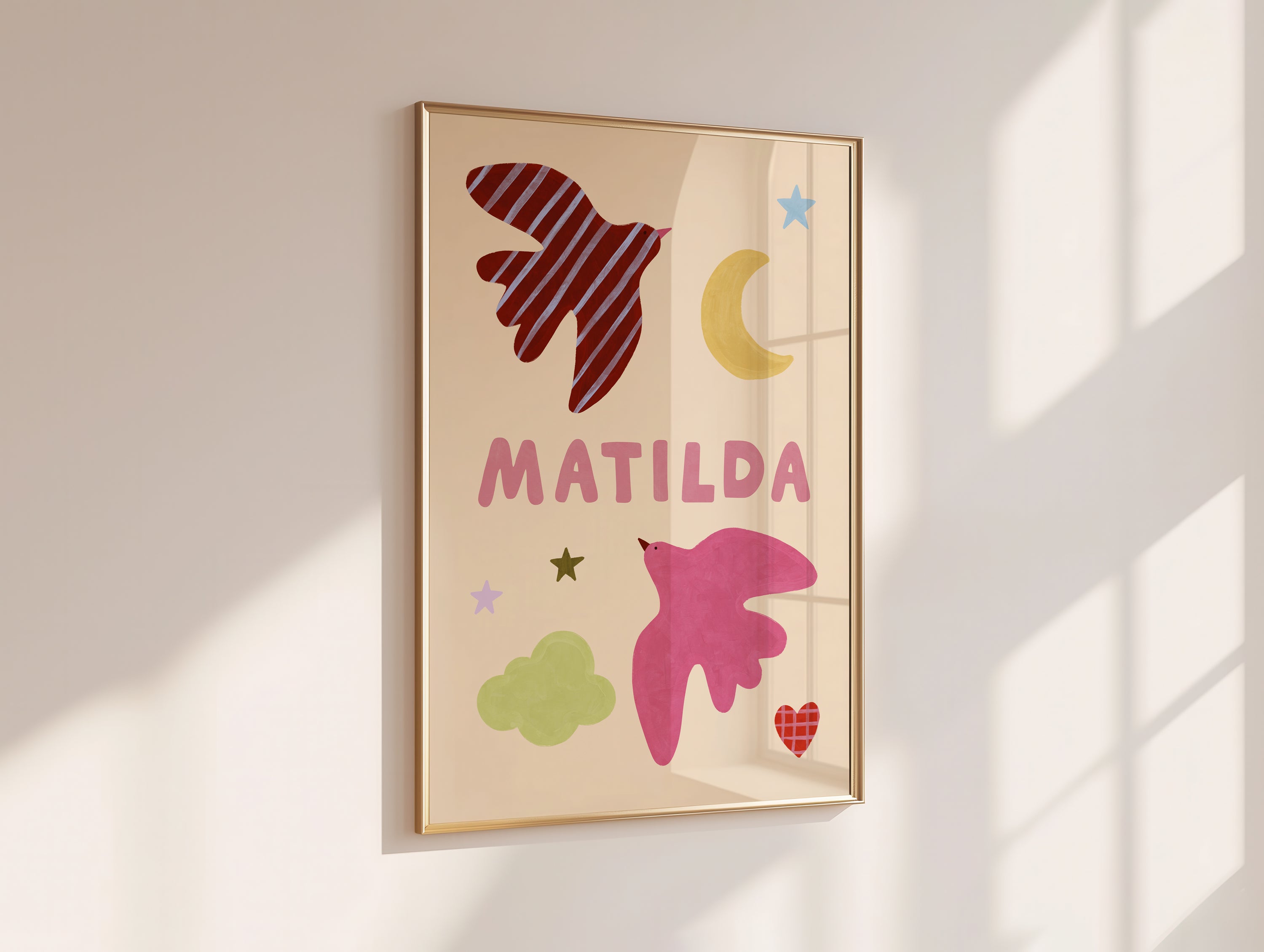 Personalised Bird Name Print - Beige & Pink