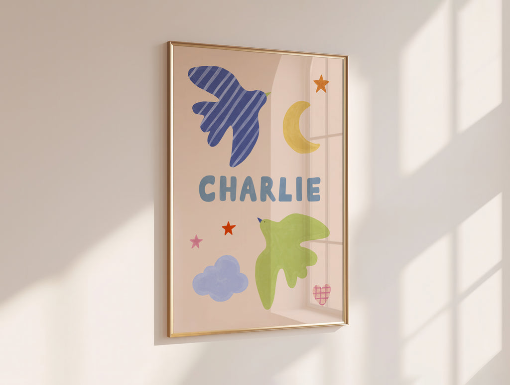 Personalised Bird Name Print - Beige & Blue