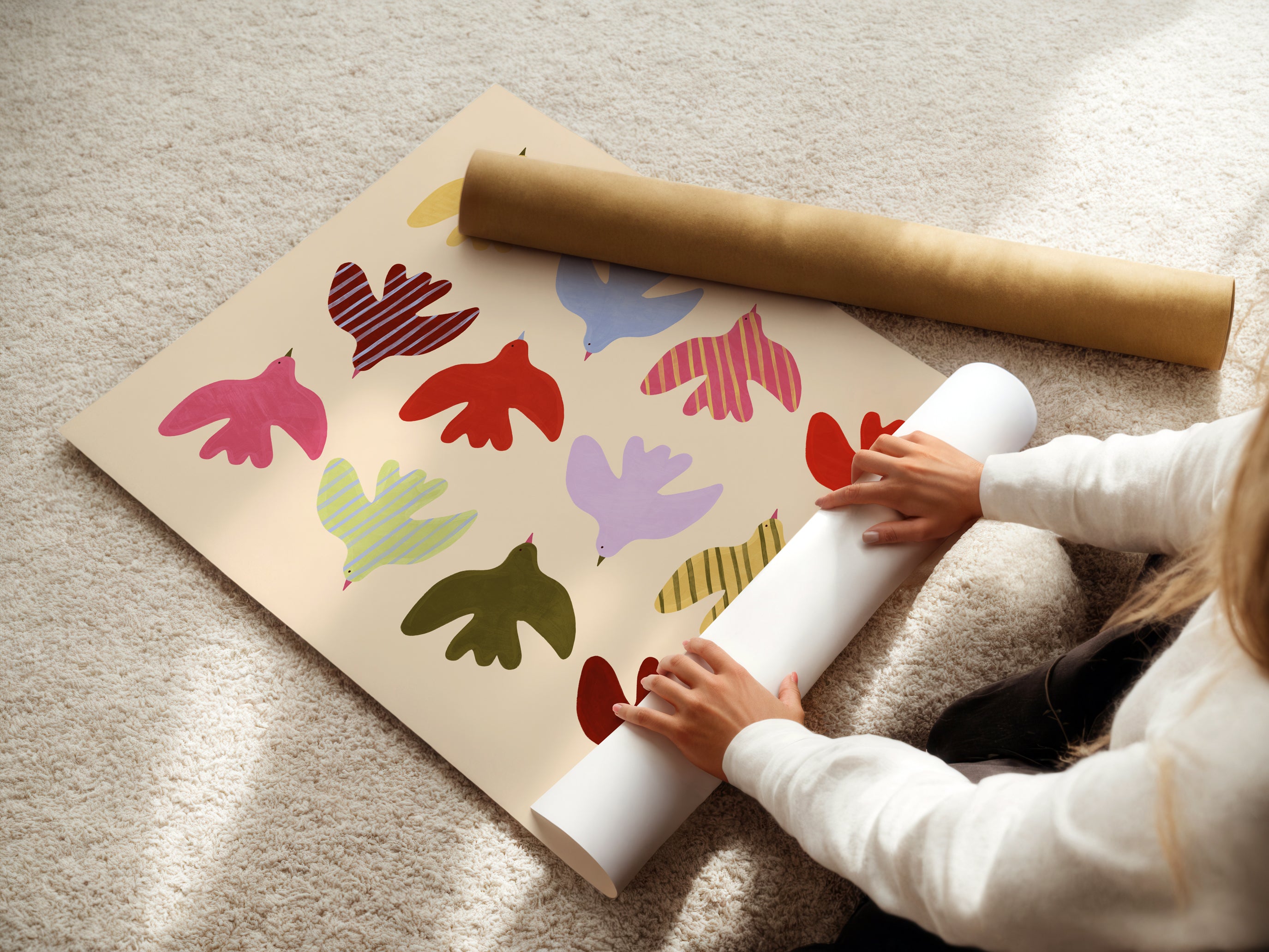 Flying Birds Print - Beige & Red