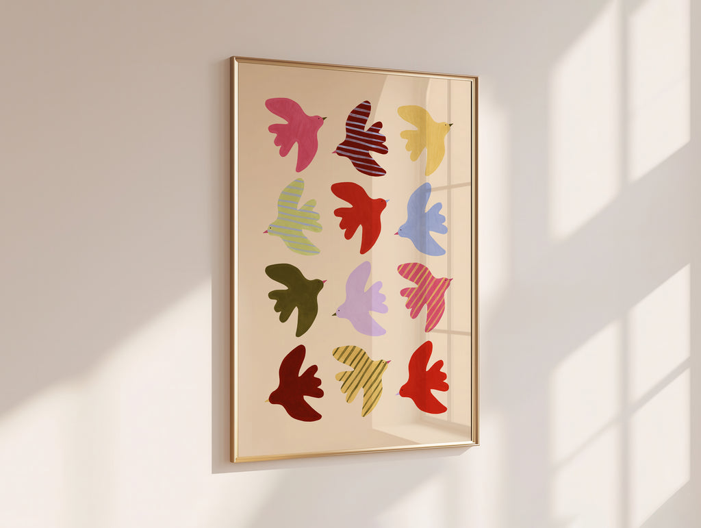 Flying Birds Print - Beige & Red