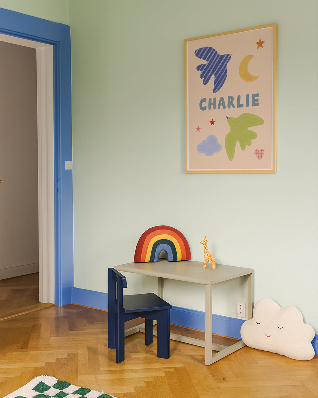 Personalised Bird Name Print - Beige & Blue