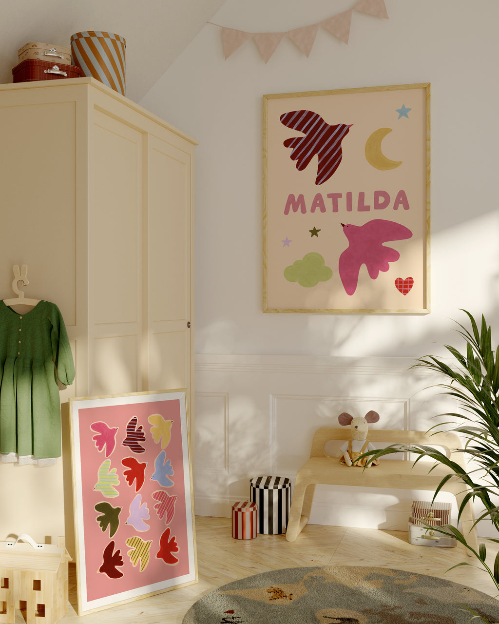 Personalised Bird Name Print - Beige & Pink