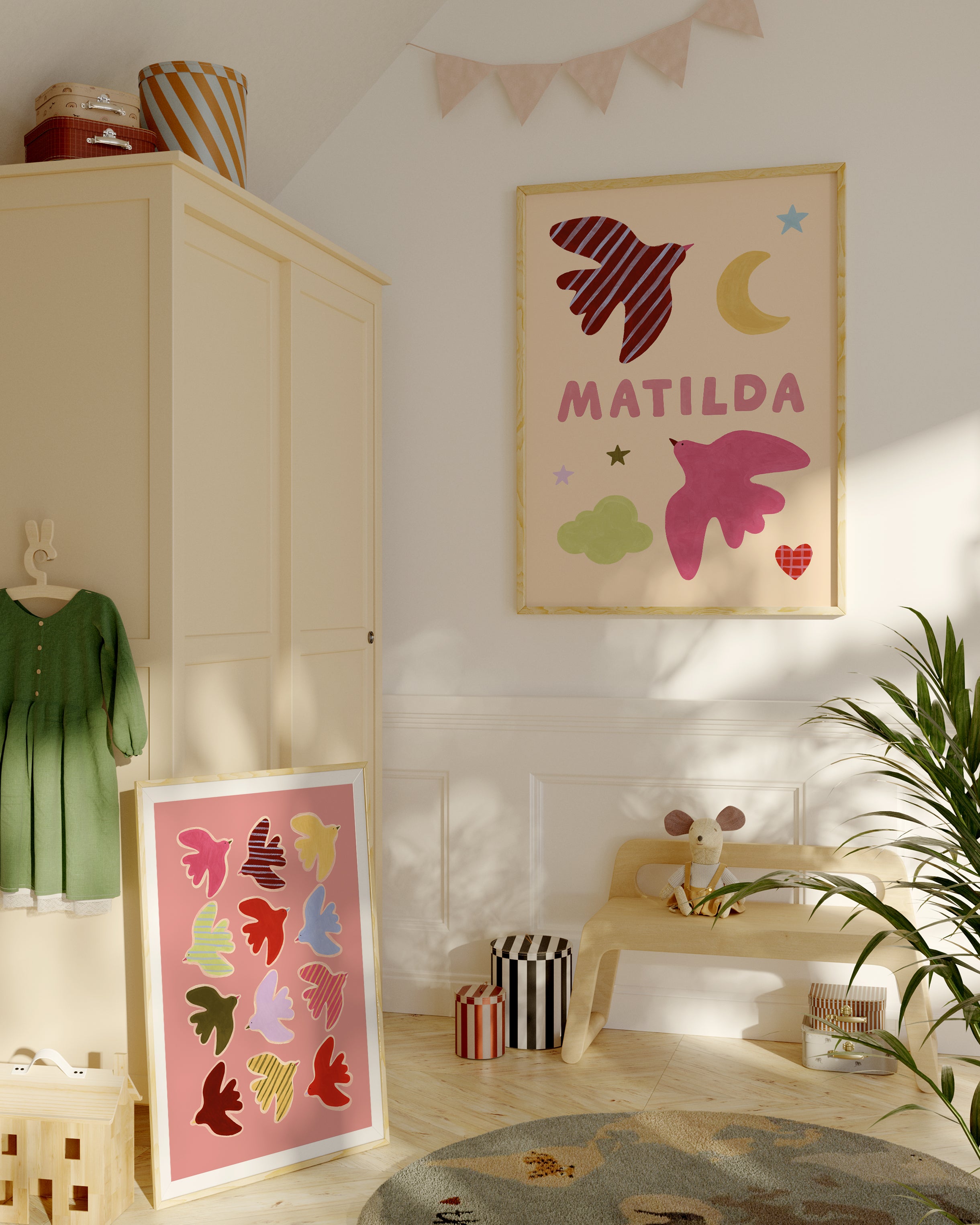 Personalised Bird Name Print - Beige & Pink