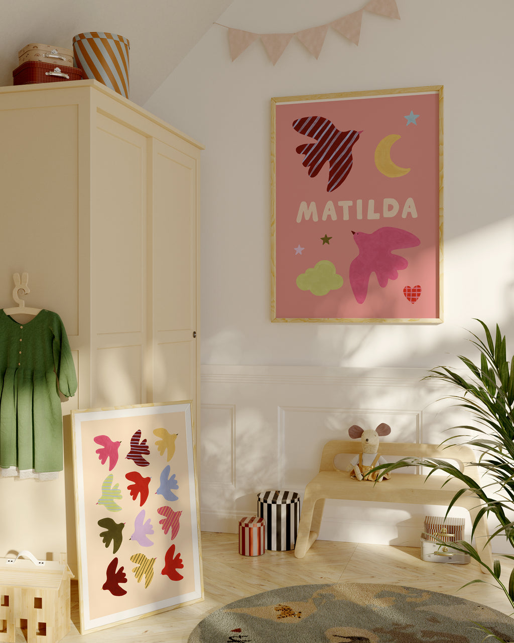 Flying Birds Print - Beige & Red