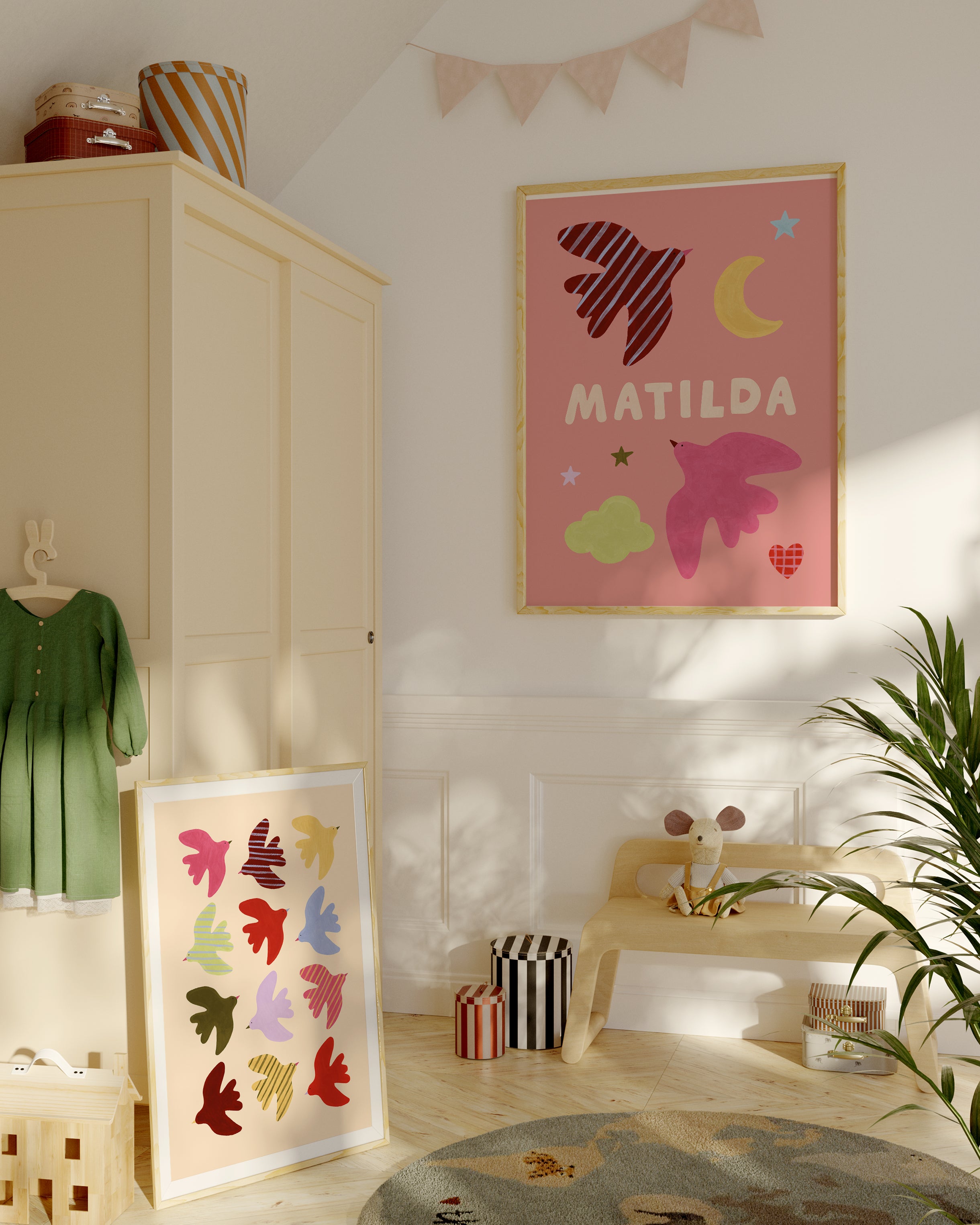 Flying Birds Print - Beige & Red