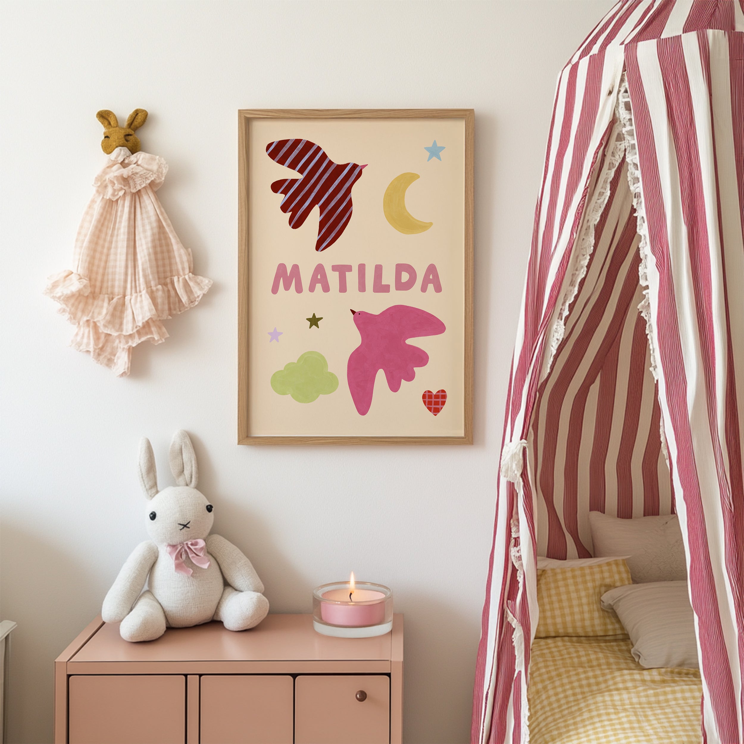 Personalised Bird Name Print - Beige & Pink