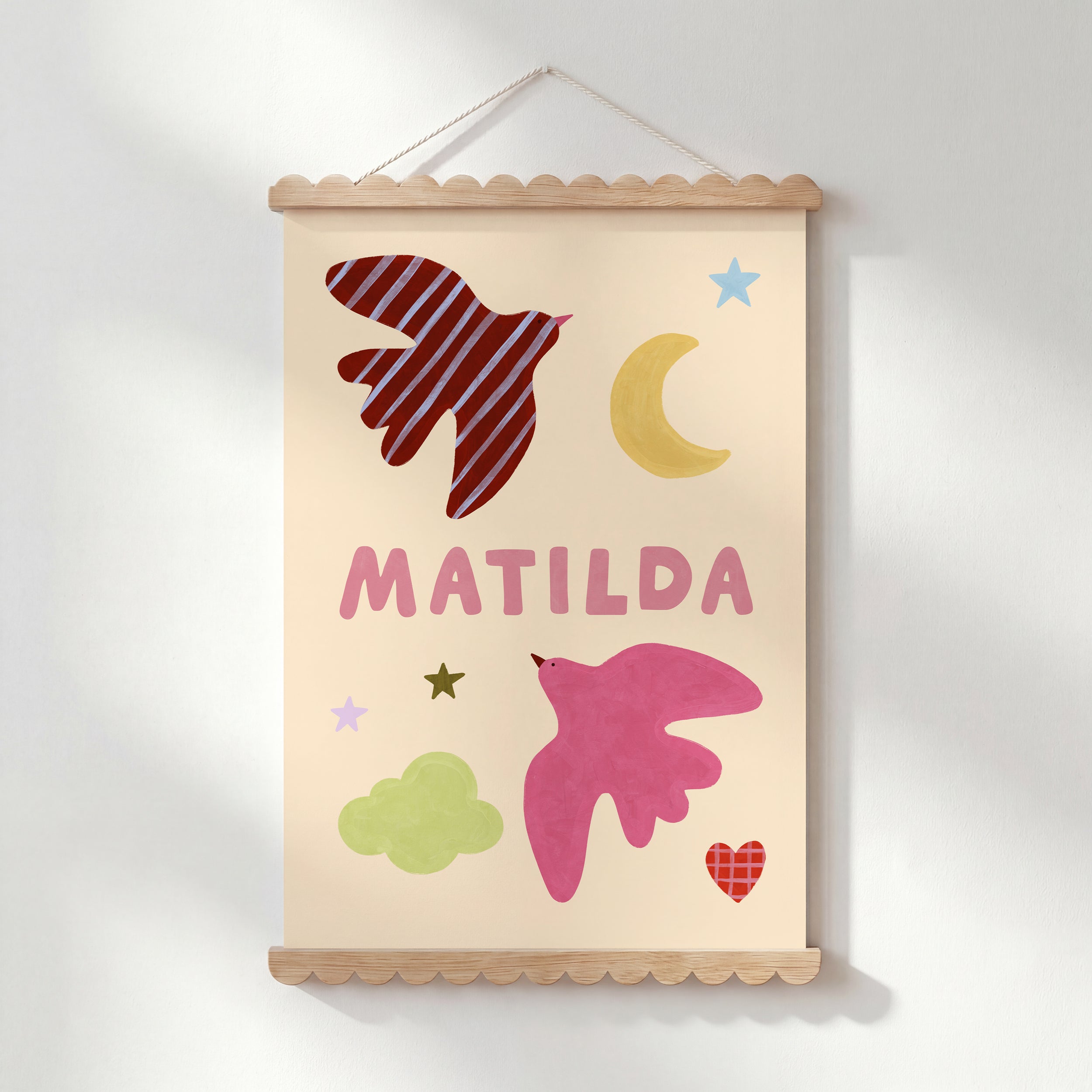 Personalised Bird Name Print - Beige & Pink