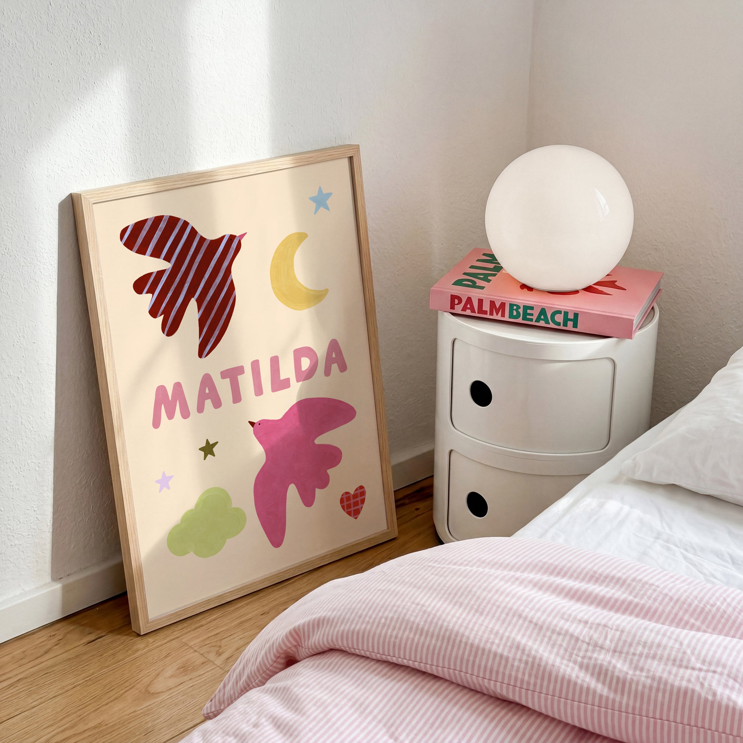 Personalised Bird Name Print - Beige & Pink