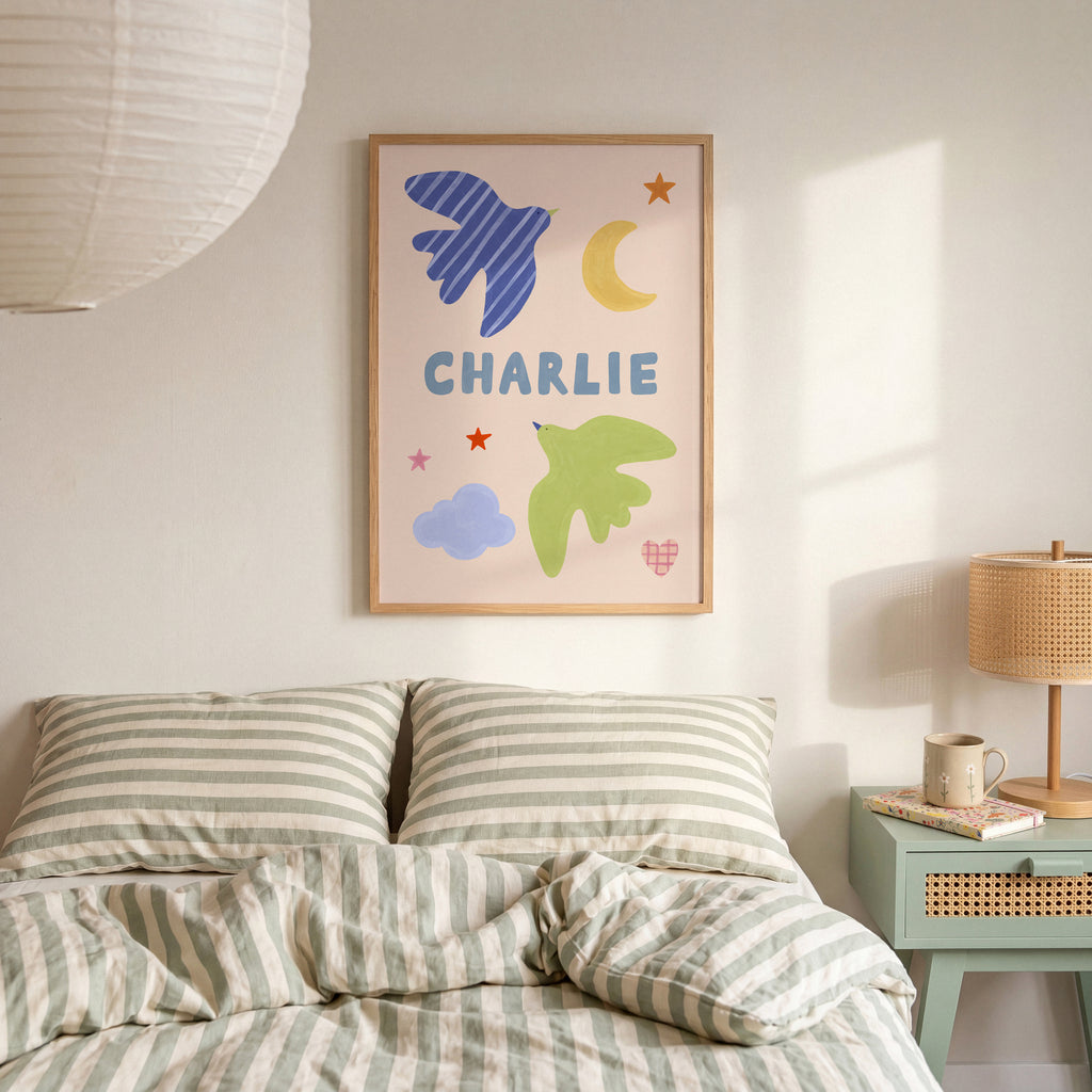 Personalised Bird Name Print - Beige & Blue