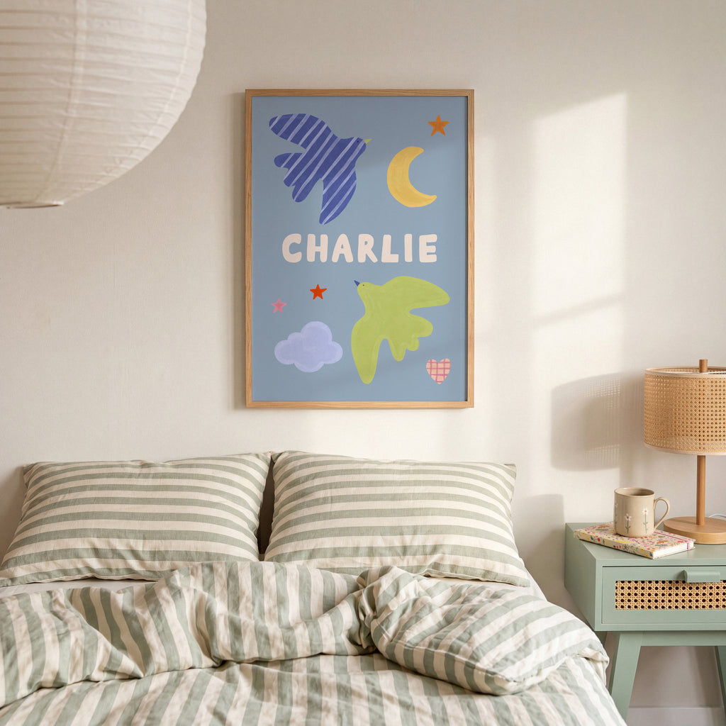 Personalised Bird Name Print - Blue