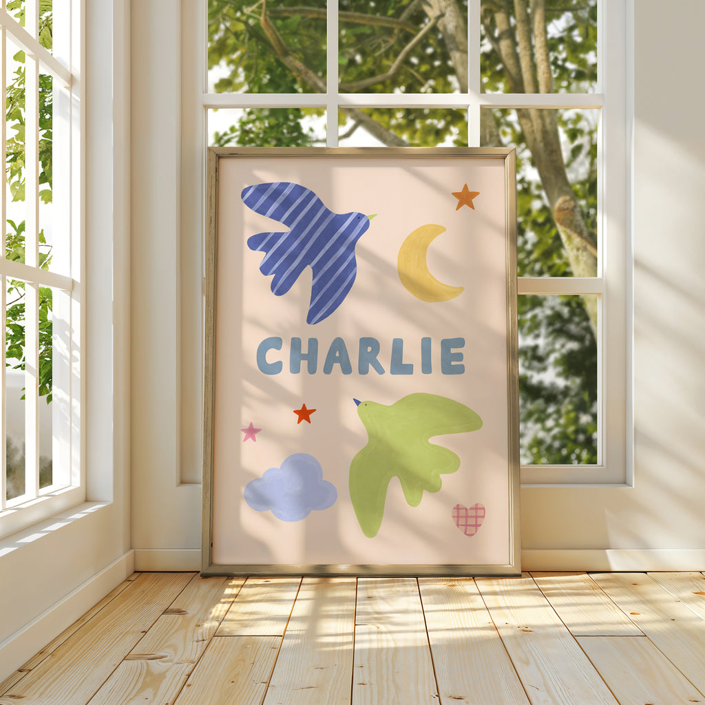 Personalised Bird Name Print - Beige & Blue