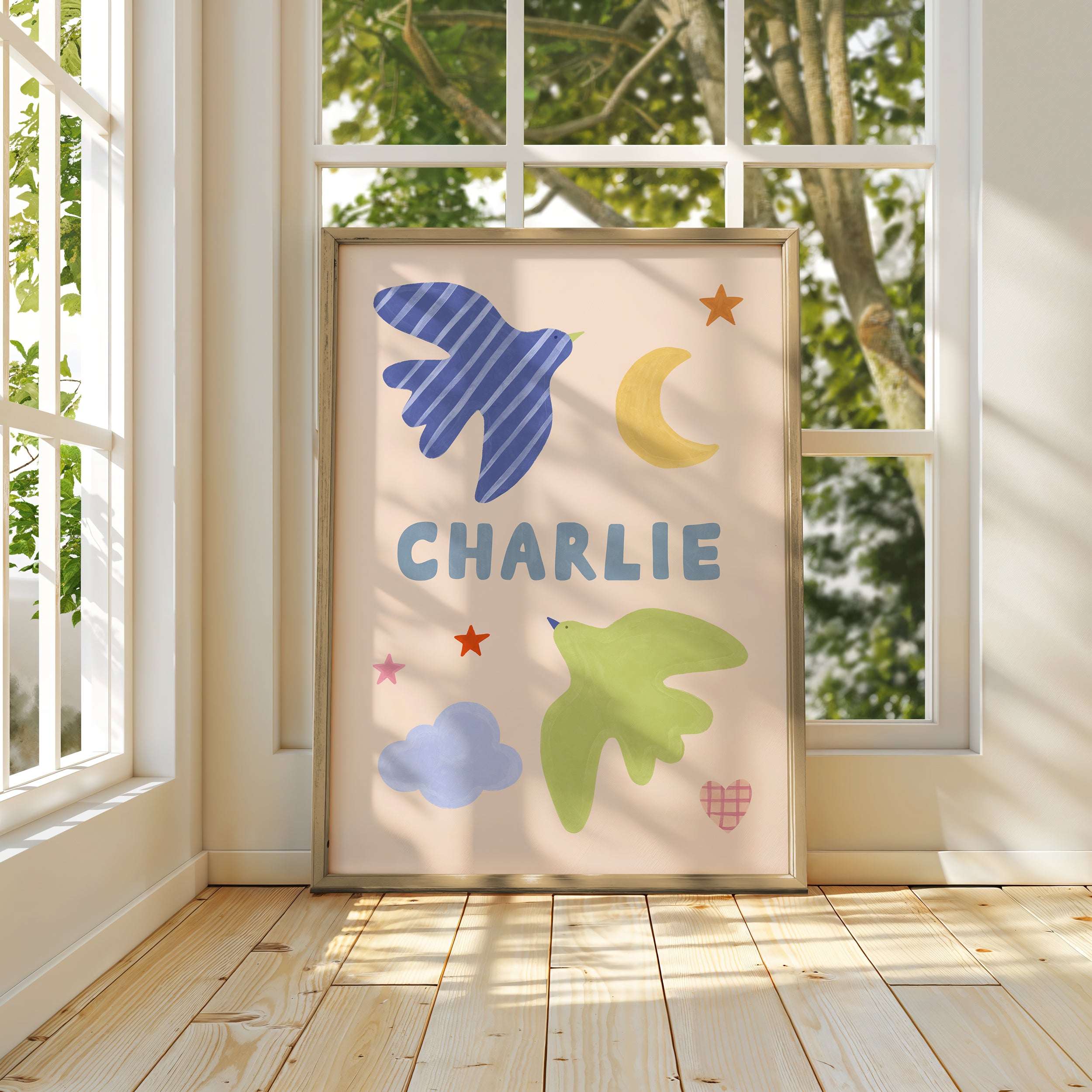 Personalised Bird Name Print - Beige & Blue