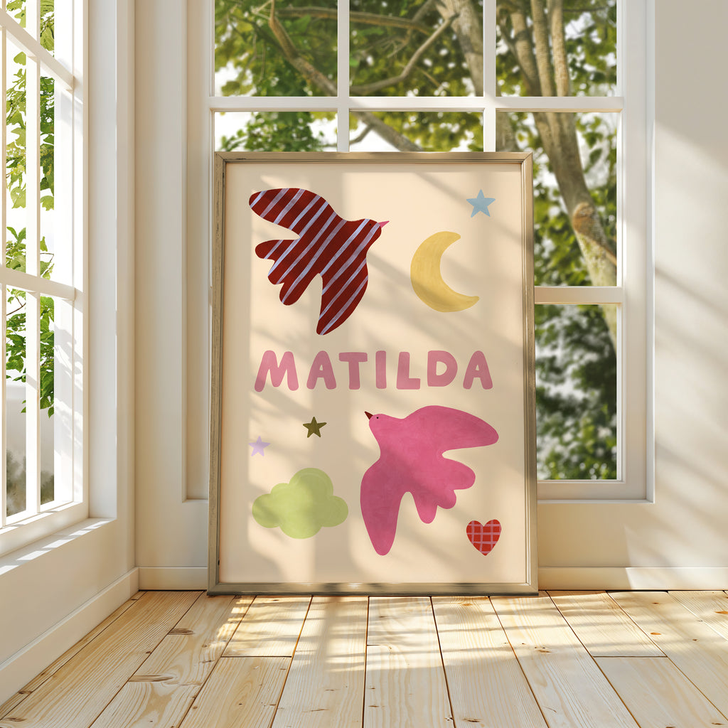 Personalised Bird Name Print - Beige & Pink