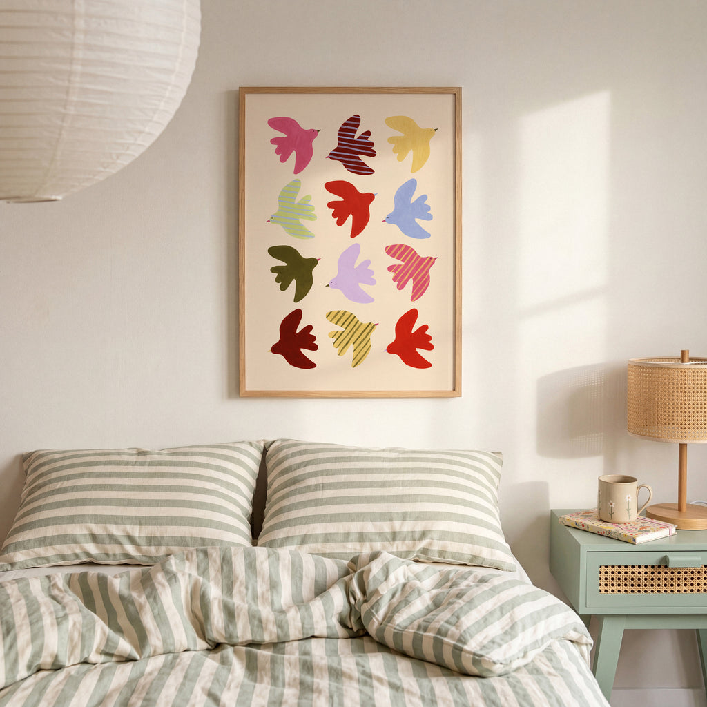 Flying Birds Print - Beige & Red