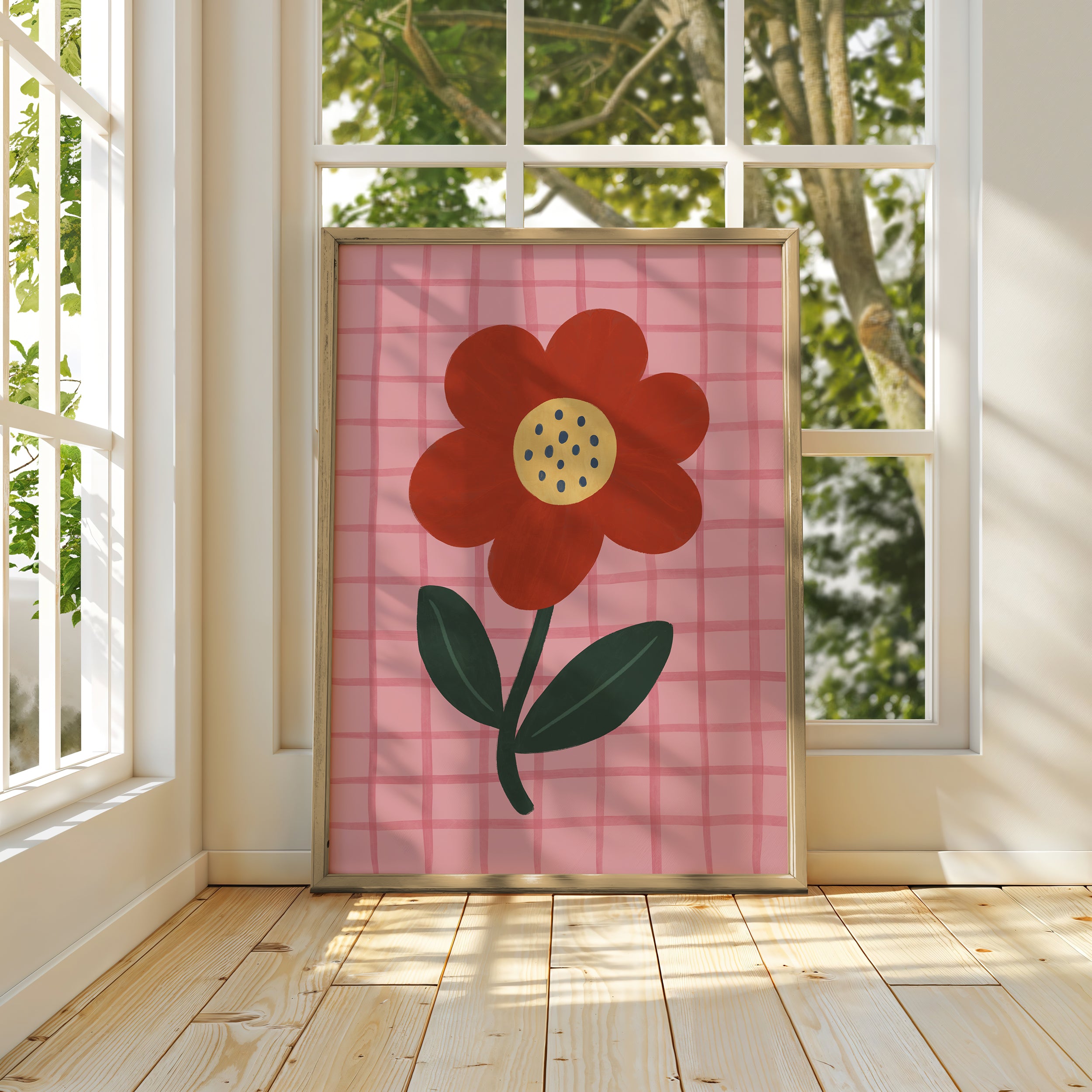 Red Flower Pink Gingham Print