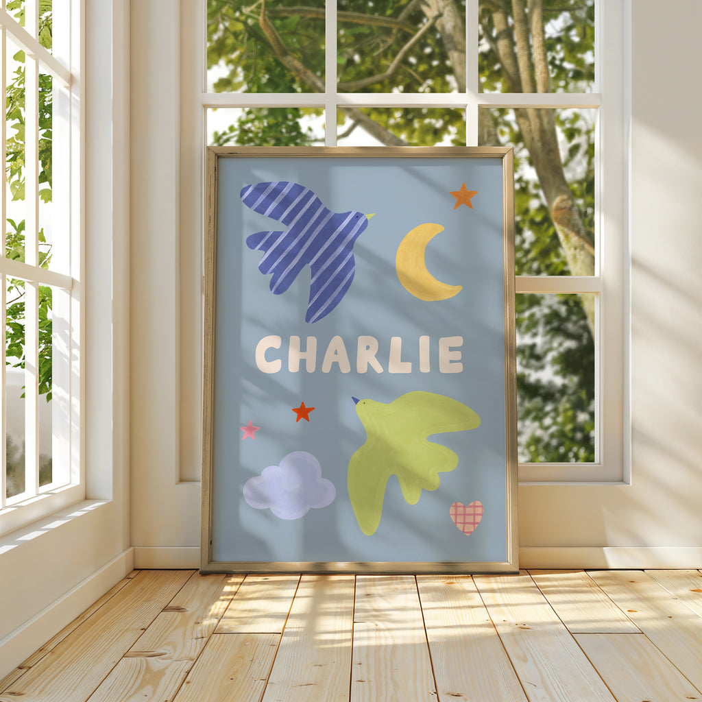 Personalised Bird Name Print - Blue