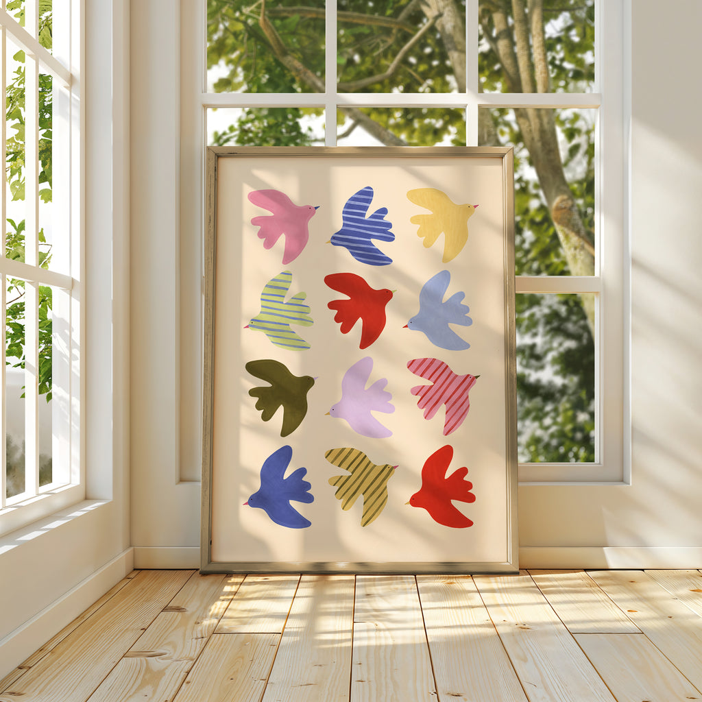 Flying Birds Print - Beige & Blue