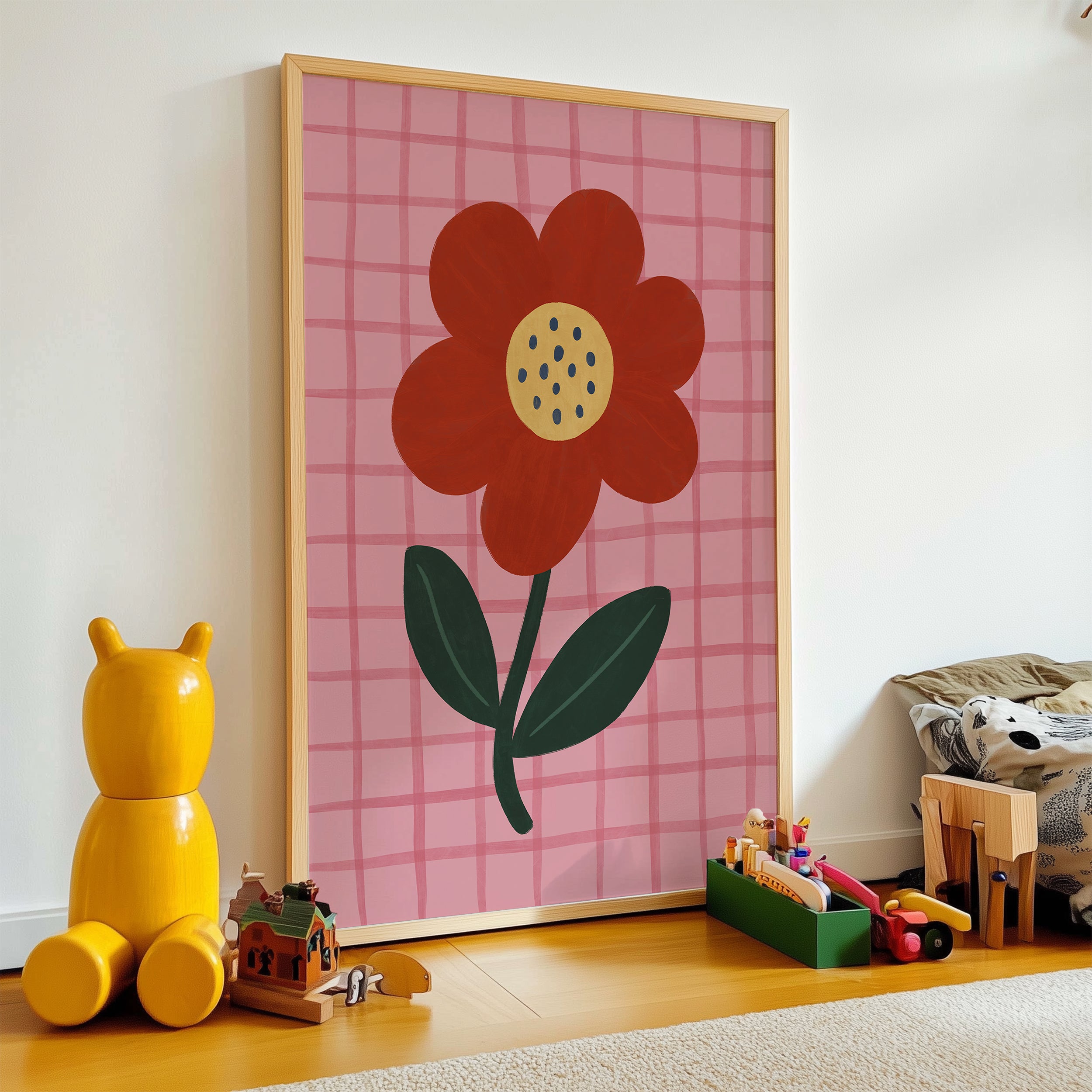 Red Flower Pink Gingham Print