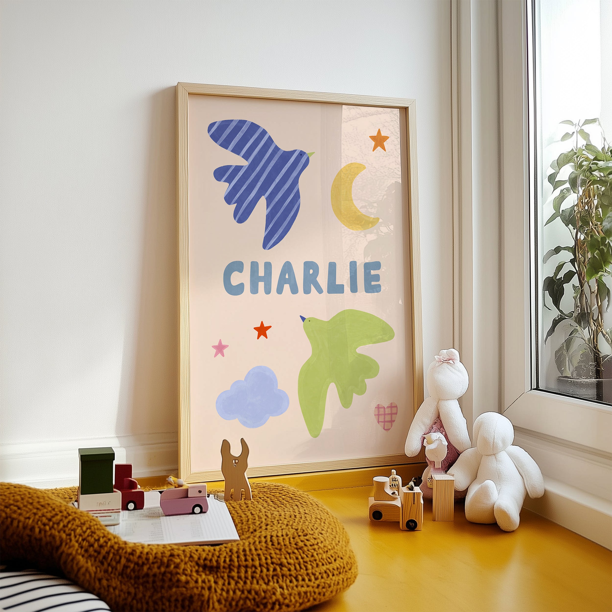 Personalised Bird Name Print - Beige & Blue