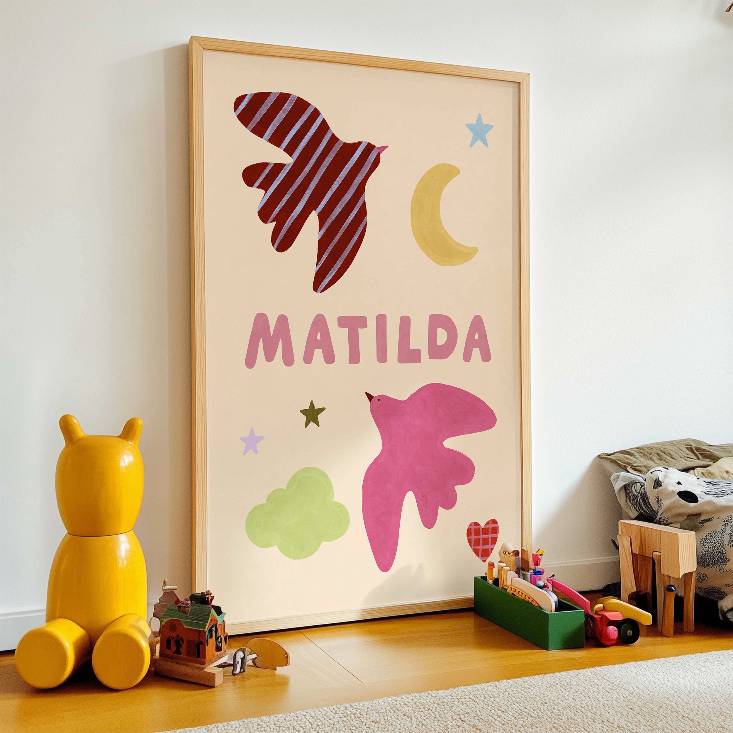 Personalised Bird Name Print - Beige & Pink