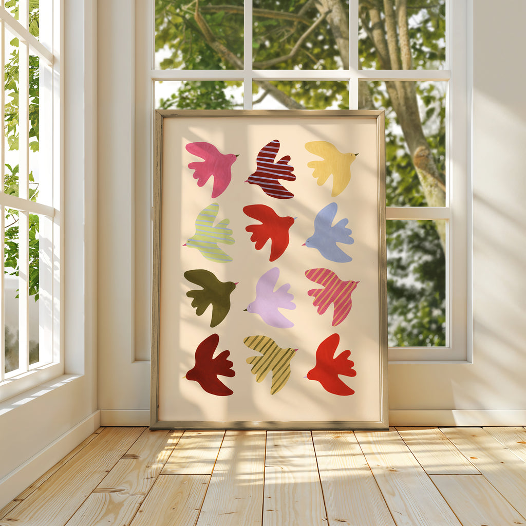 Flying Birds Print - Beige & Red