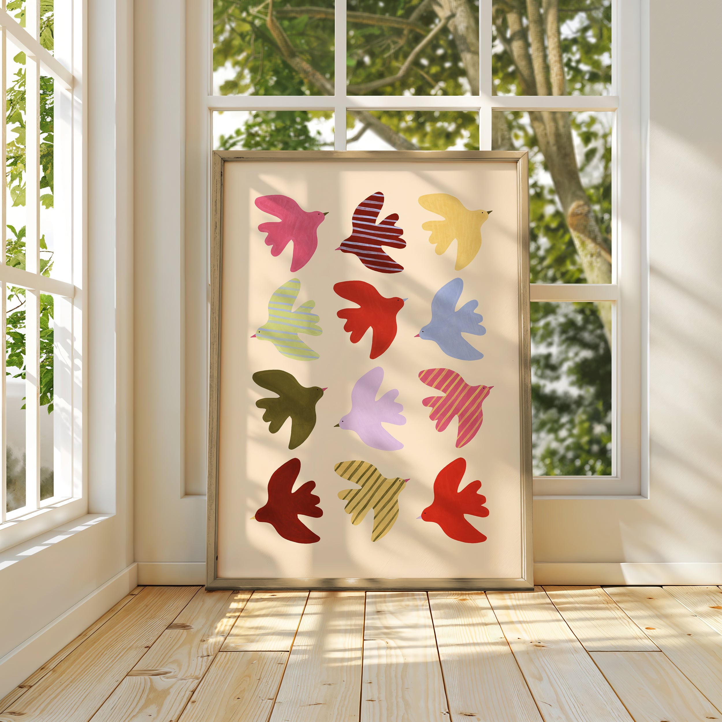 Flying Birds Print - Beige & Red
