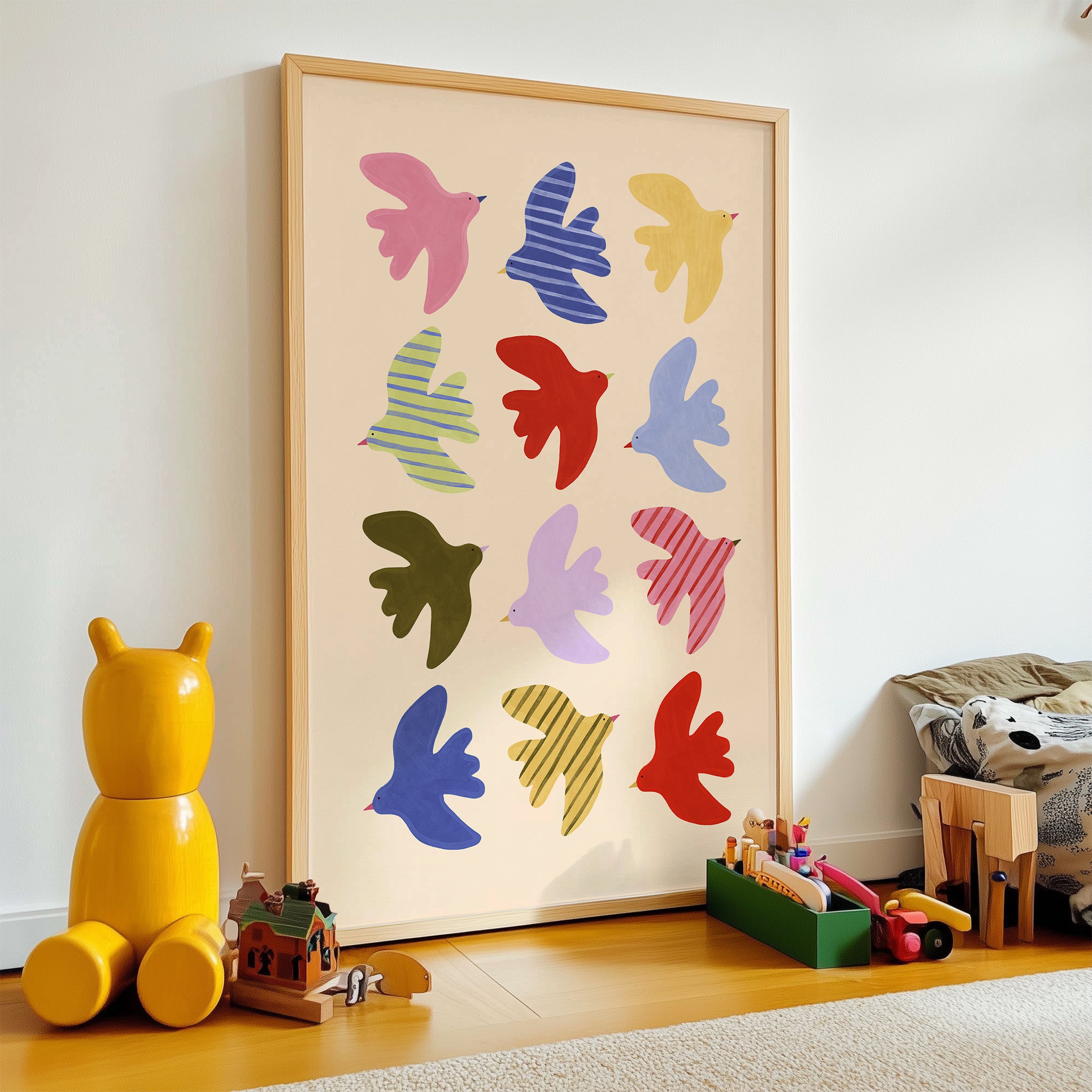 Flying Birds Print - Beige & Blue