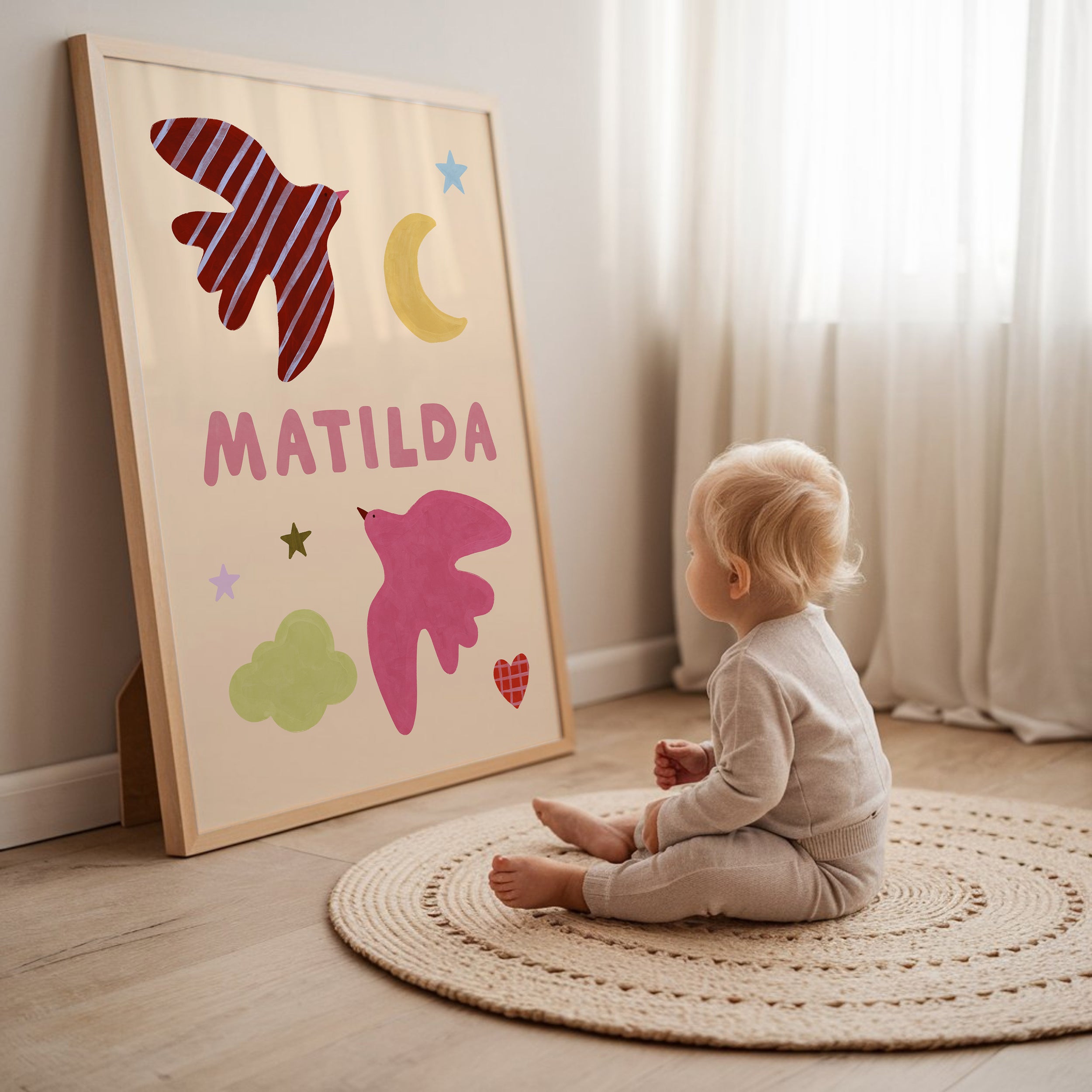 Personalised Bird Name Print - Beige & Pink