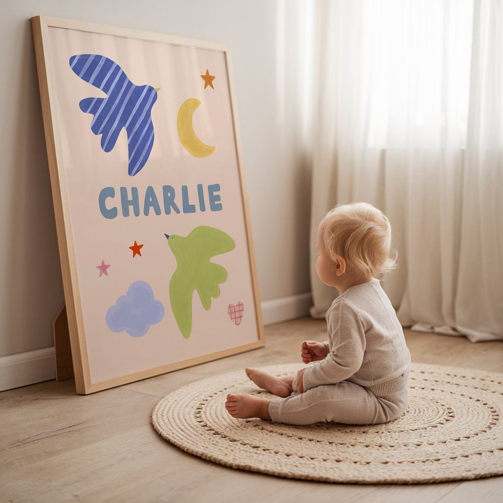 Personalised Bird Name Print - Beige & Blue