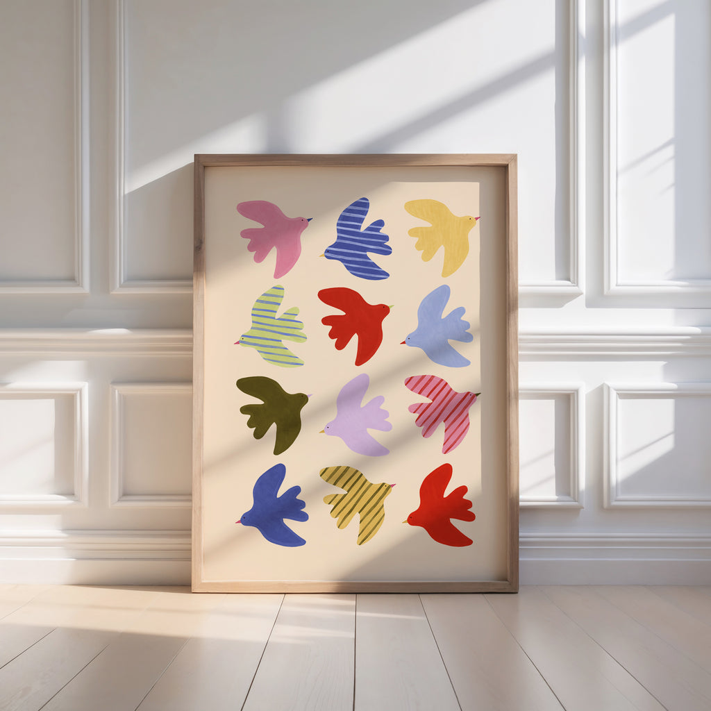 Flying Birds Print - Beige & Blue