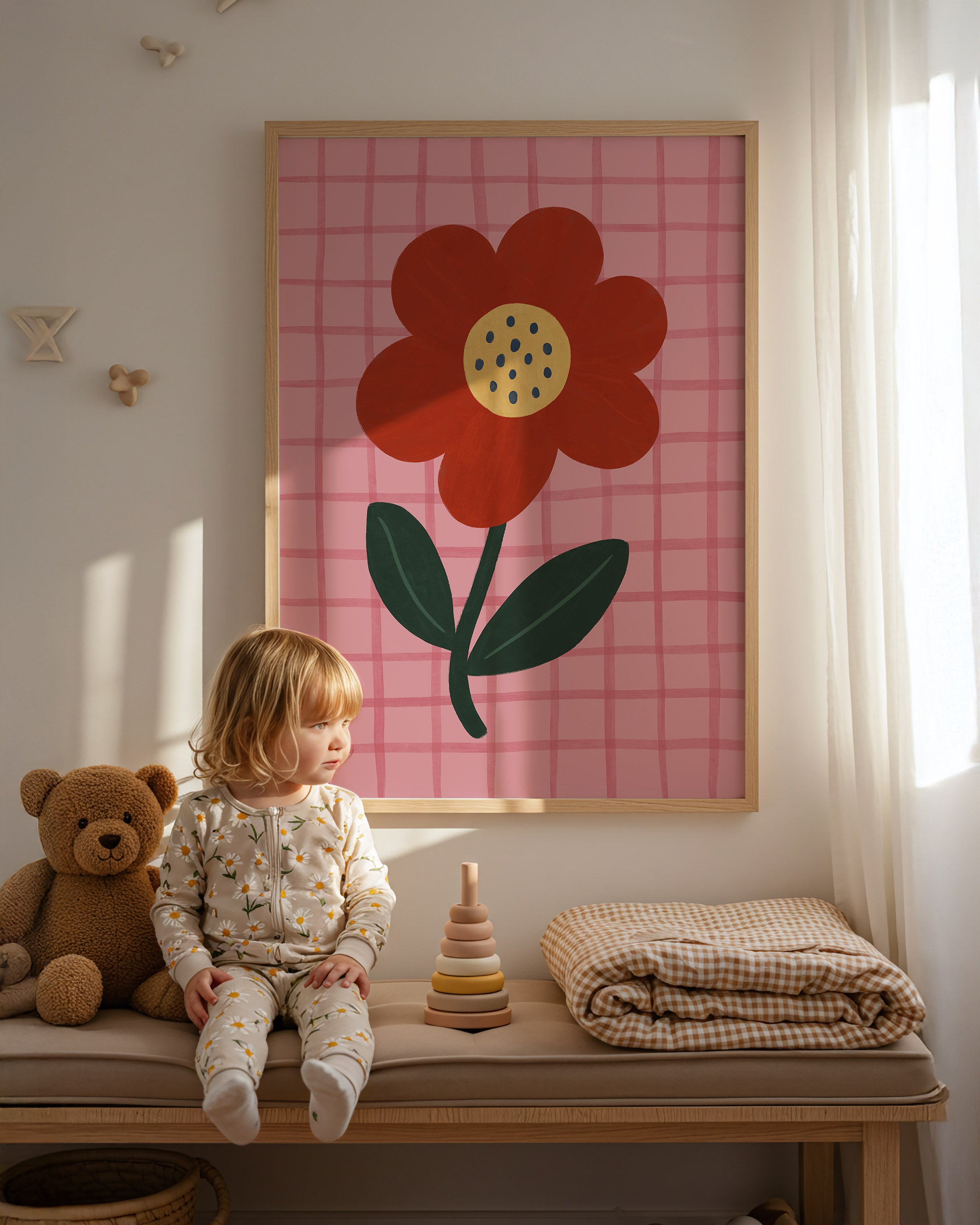 Red Flower Pink Gingham Print
