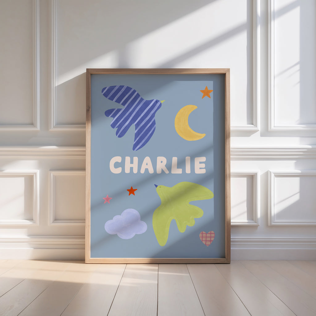 Personalised Bird Name Print - Blue