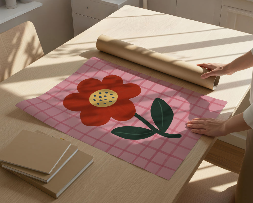 Red Flower Pink Gingham Print