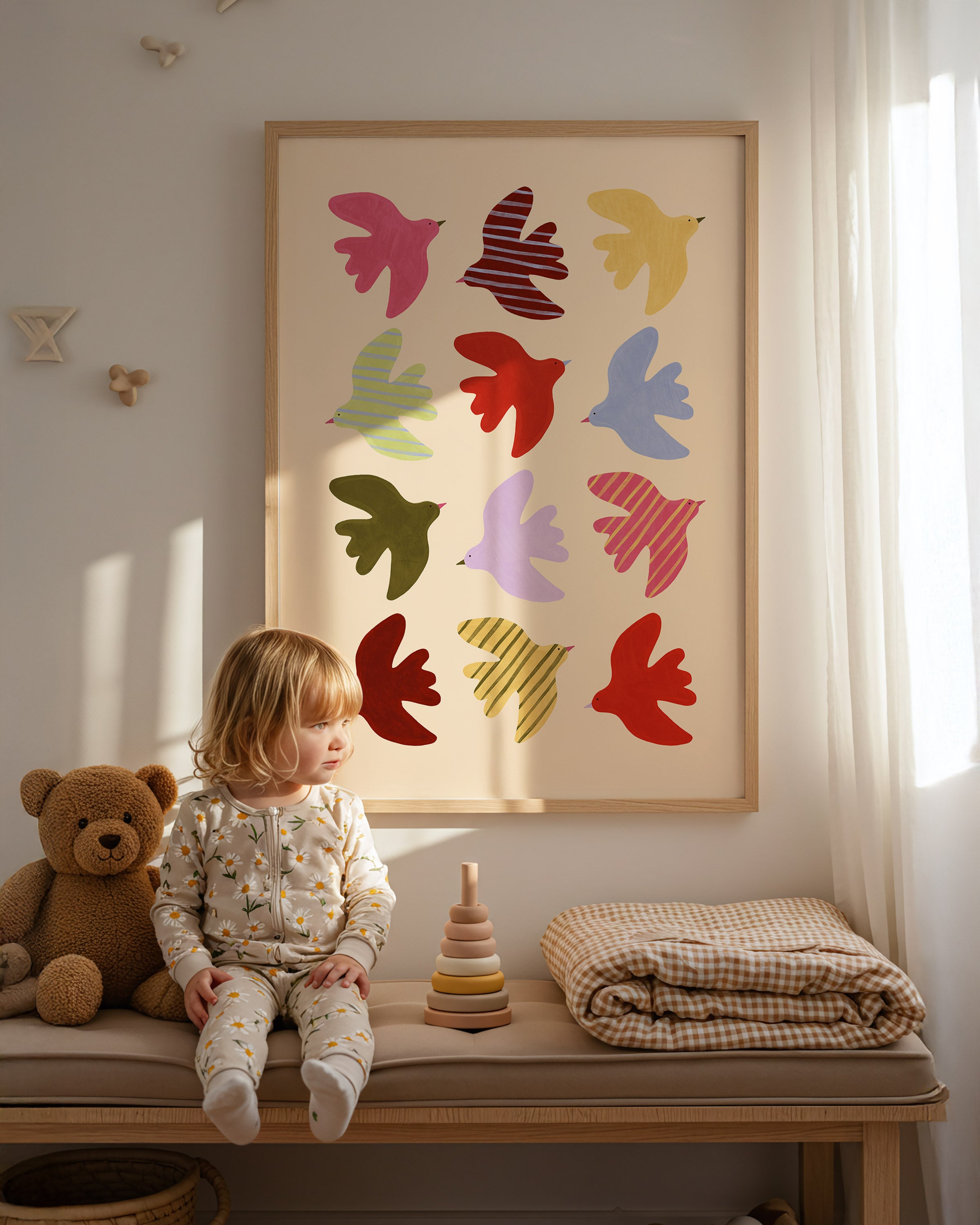 Flying Birds Print - Beige & Red