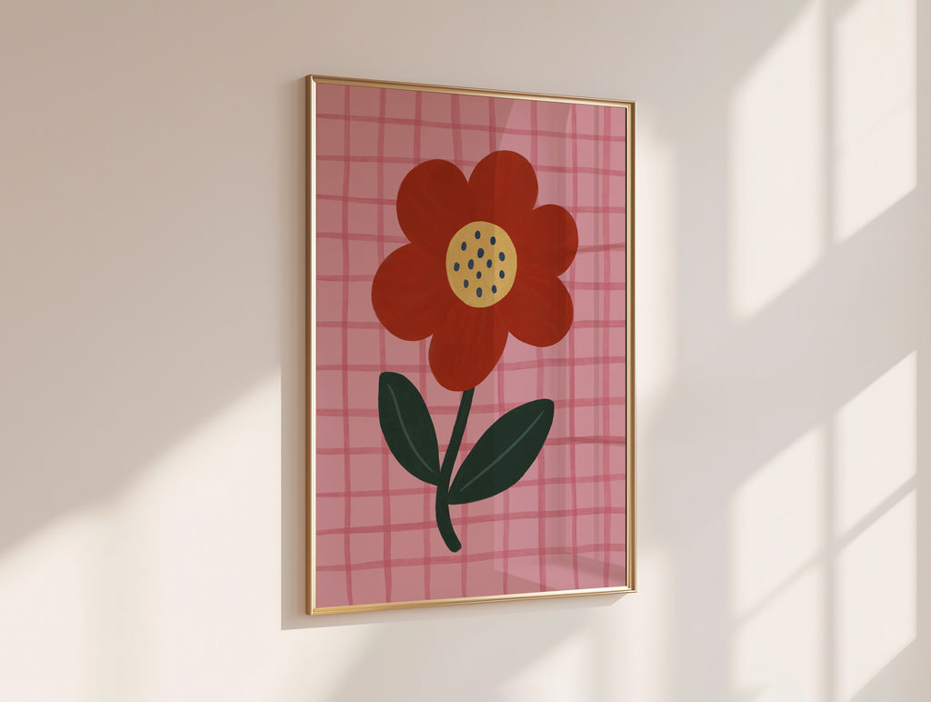 Red Flower Pink Gingham Print