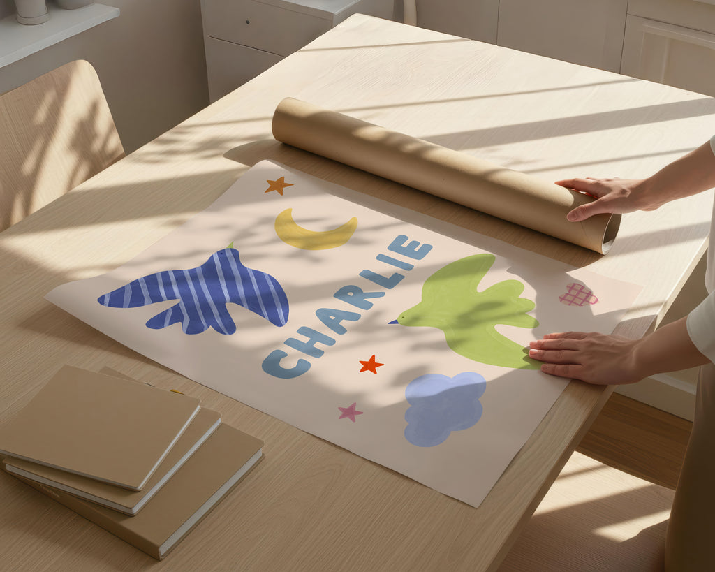 Personalised Bird Name Print - Beige & Blue