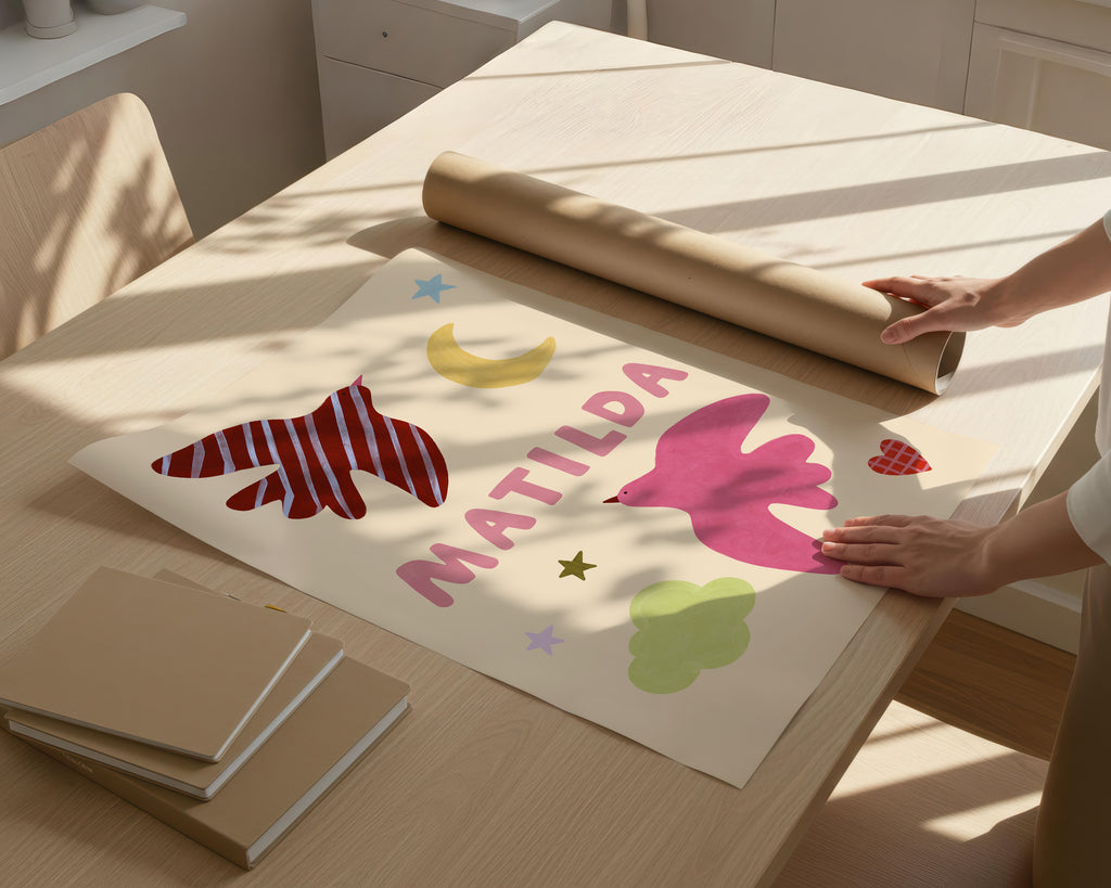 Personalised Bird Name Print - Beige & Pink