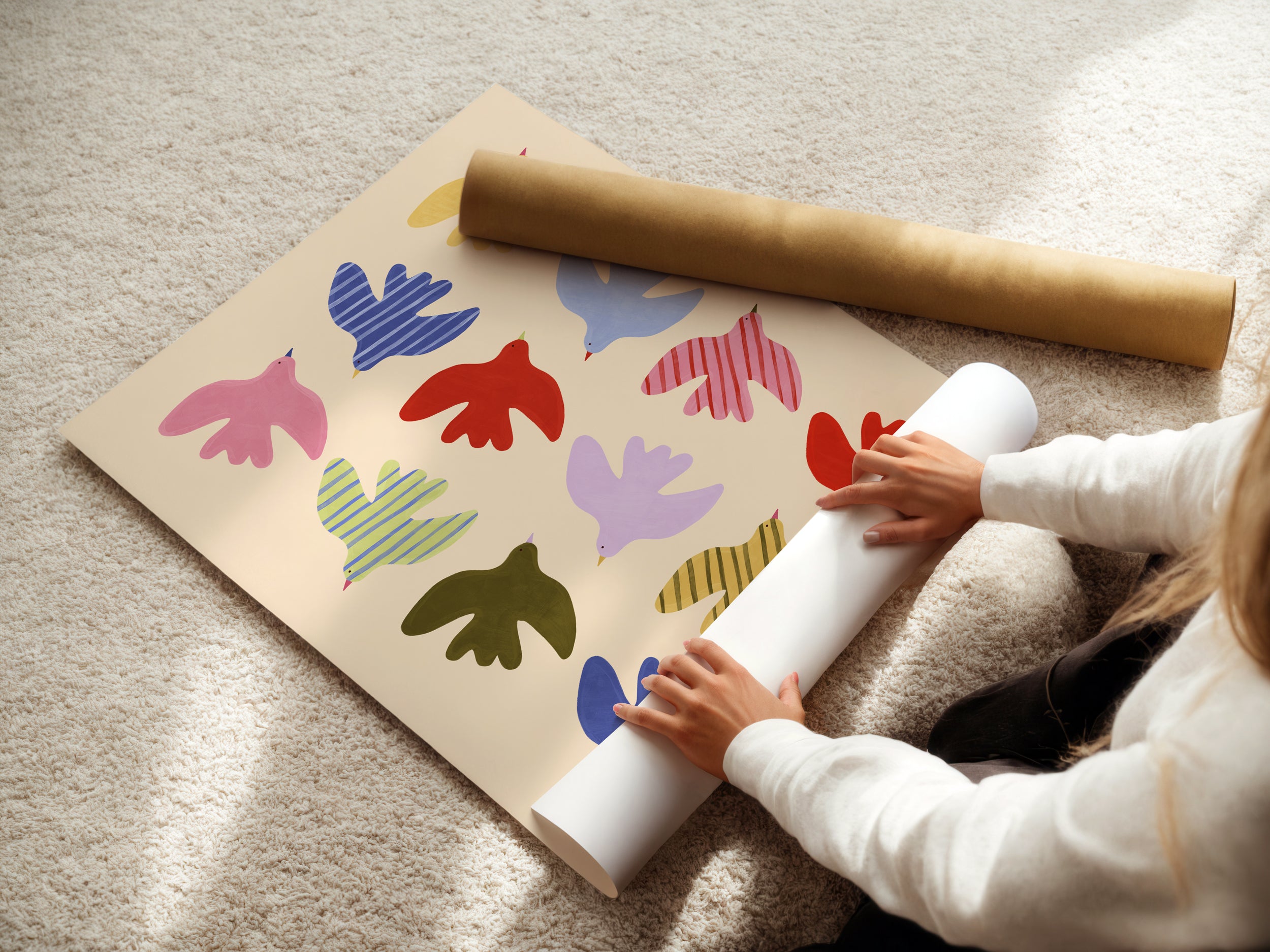 Flying Birds Print - Beige & Blue